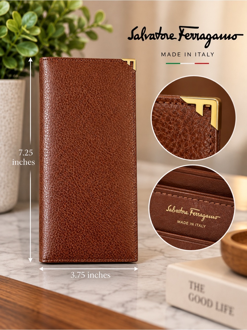 Salvatore Ferragamo Chestnut Brown Leather Long Wallet with Gold Corner